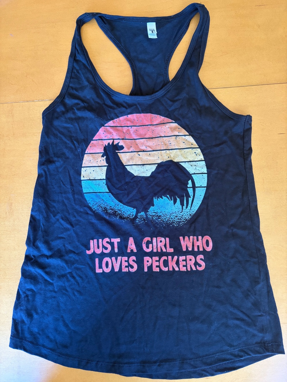 Women's Navy Tank Top with Rooster Graphic - 'Just a Girl Who Loves Peckers'